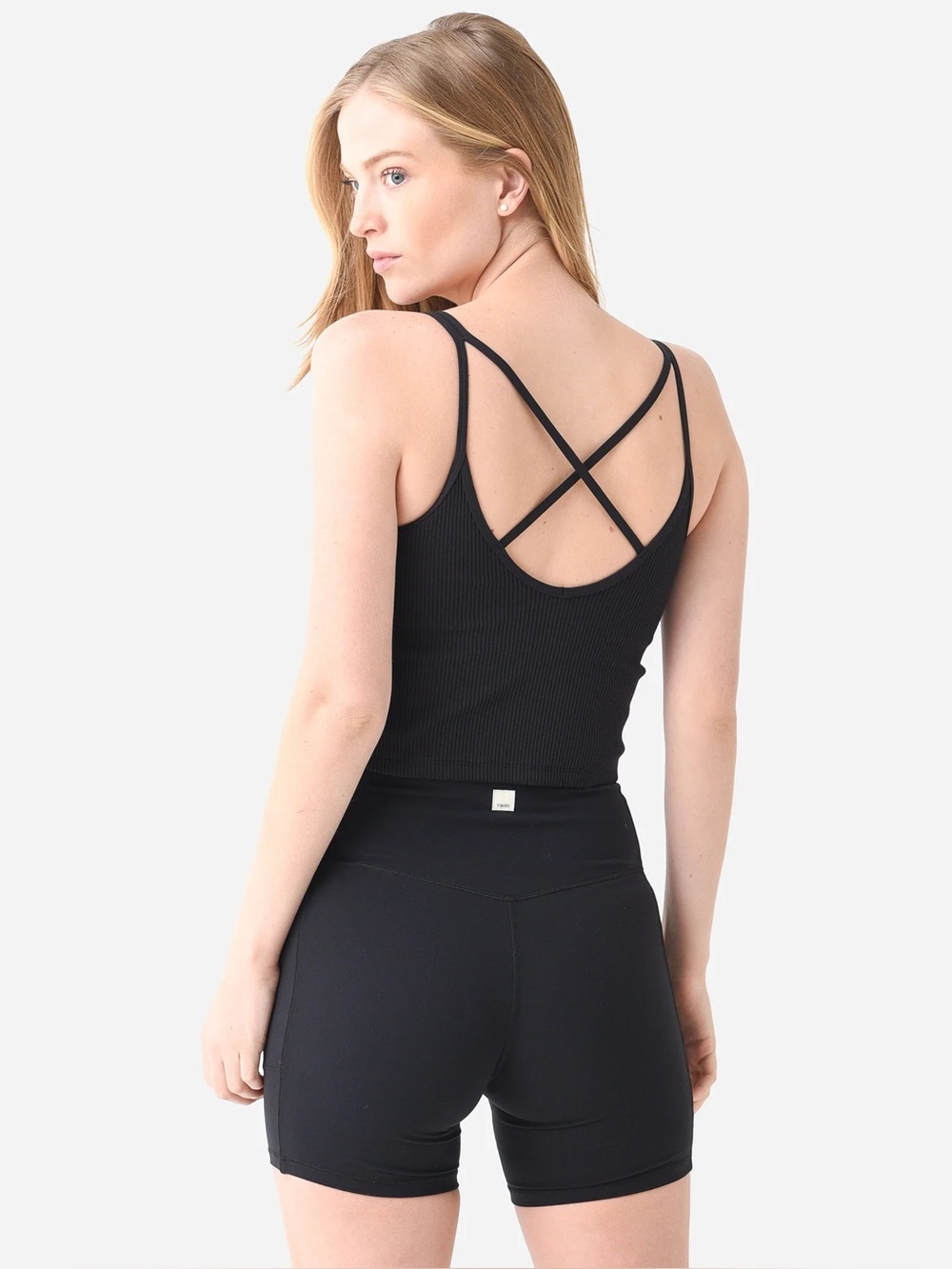 Vuori Rib Cropped Tank Top Size Medium in Black - Style VW189 Crossed Strap Back - Picture 10 of 11